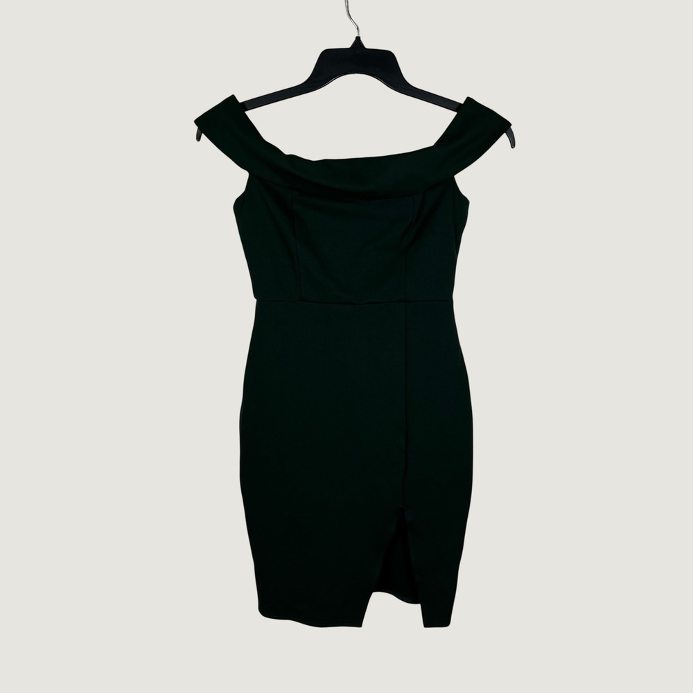 Lulus Off Shoulder Dress Womens Small Green Solid Slit Bodycon Mini Ponte Knit‎